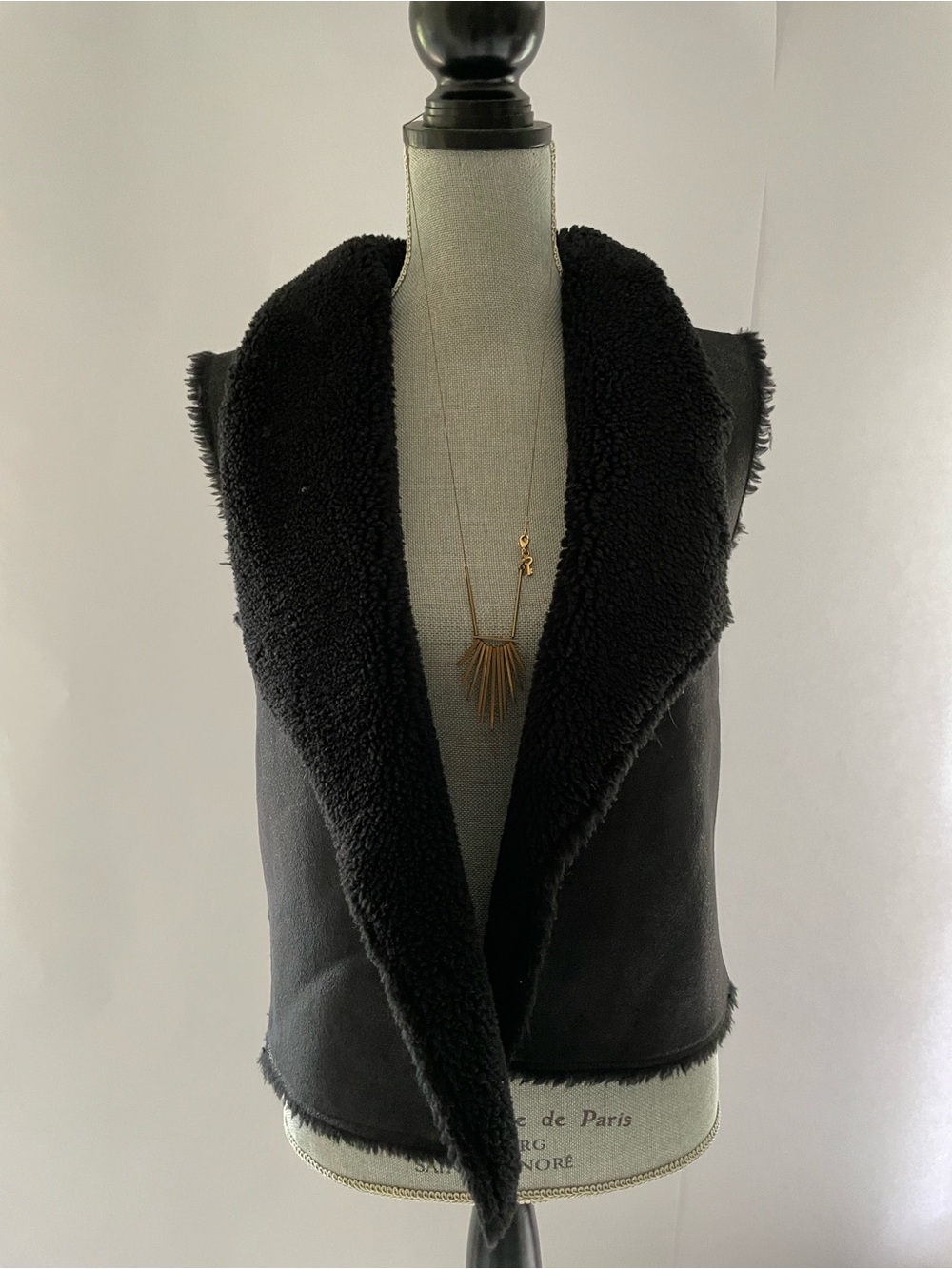 Velvet Black Faux Shearling Draped Vest